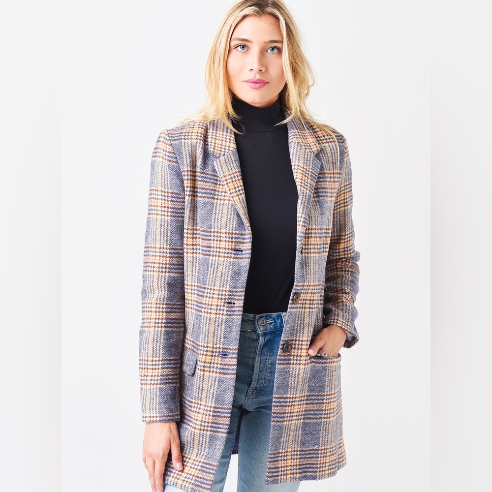 BB Dakota Navy and Cream Plaid Blazer